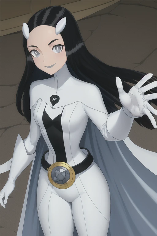 Phantom girl, Tinya Wazzo, solo, girl1, black hair, bodysuit. grey eyes, smile, grey lips, belt, white cape, white gloves, cape covering body, best quality, masterpiece, cowboy shot,