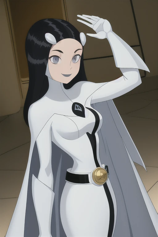 Phantom girl, Tinya Wazzo, solo, girl1, black hair, bodysuit. grey eyes, smile, grey lips, belt, white cape, white gloves, cape covering body, best quality, masterpiece, cowboy shot,