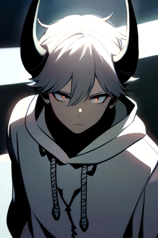 Boy, white, with gray hair, wearing a white hoodie, and black demon horns