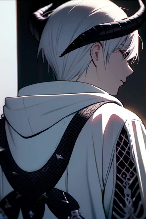 Boy, white, with gray hair, wearing a white hoodie, and black demon horns