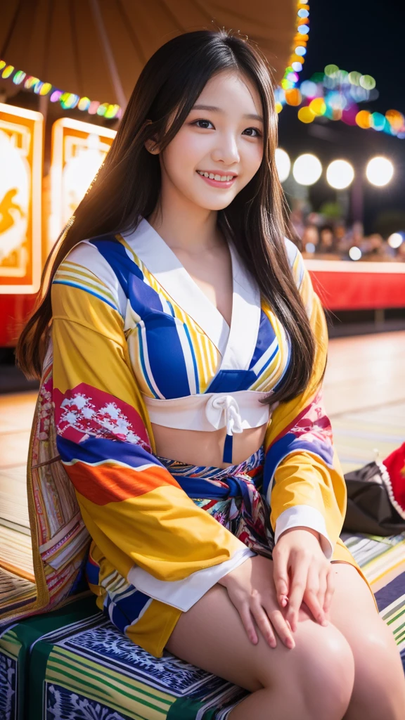 Realistic , photorealistic , masterpiece , best quality , super quality , ((ultra detailed)), extremely detailed , highers , Raw Photo , 16k portrait , curvy , big Smile , full body , Beautiful and pretty hair , ultrahappy , (festival) , enjoy , Top view , (yukata) , Fireworks display