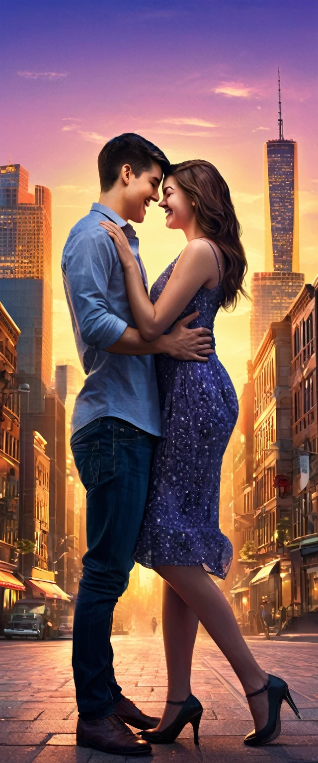 Creating a realistic world-class novel storybook cover tThe cover features an artistic depiction of a young couple in a playful pose, set against a backdrop of a bustling cityscape at dusk. 