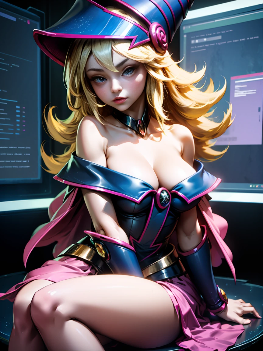 1 girl, only,beautiful, , sitting on the water, Wizard hat, neckline, bare shoulders, dress, off the shoulder, magical, Distrust, particles, hearts, amar,Grinding, High details, digital art, Masterpiece,,beautiful,beautifuls ojos, magic. Sensual and innocent pose. tender and sweet Miranda. Let her look from head to toe with her sensual pose and gaze fixed on the screen.