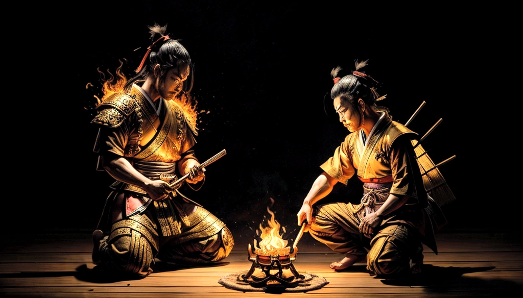 samurai kneeling in front of a flame of fire on a candlestick gold on a low chatbudai, a japanese style house an environment at nigth this samurai is bein illuminated by the flame of that, holding