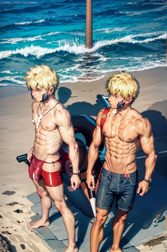 age boys tanning, relaxed on beach,((big penis)), 12_inches_long_penis,large penis,big balls, boyish, cute, short, blonde hair, sun glow, back view, low angle