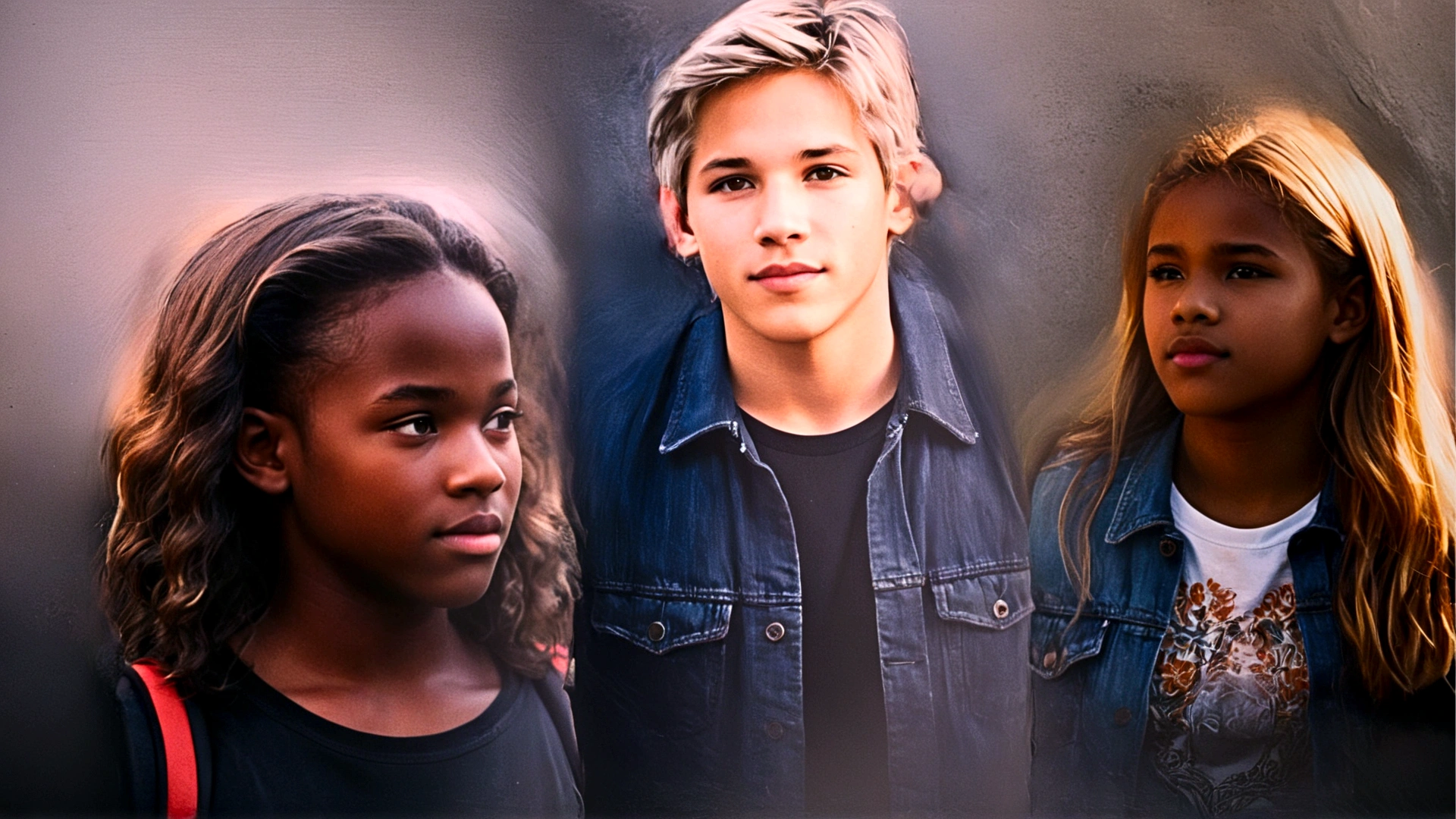 male character the lineker, he is 16 years old, white, light hair, brown eyes, wears a black shirt, black pants. all star tennis he has a face similar to the singer jon bom jovi, and leide she has dark skin they are arriving at school great quality, great resolution and cinematography The 2 friends are meeting a white boy, taller than them, he is 16 years old, blonde, he looks like the singer Bom Jeve