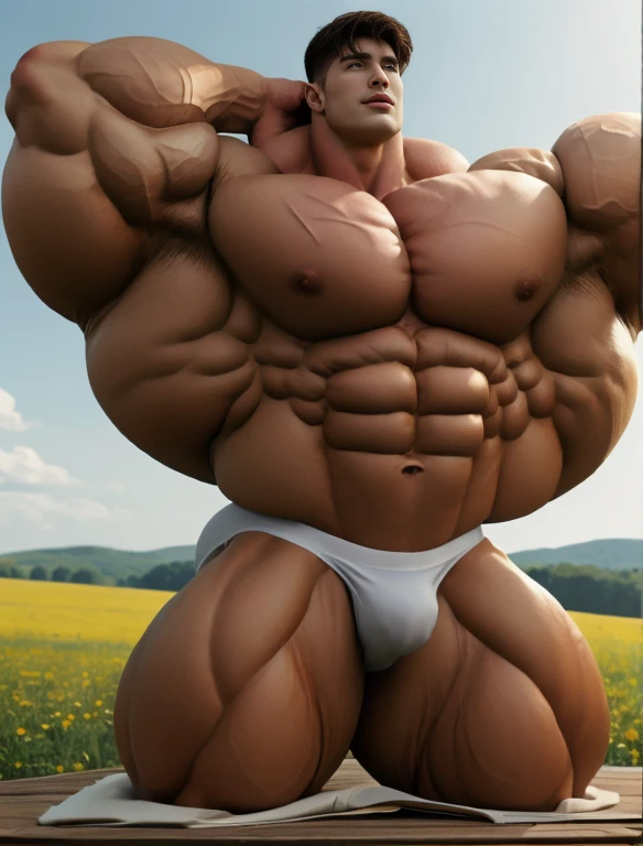 1boy, giant, bodybuilding pose, stand, illuminating light, strong body, bulk, large size, staring, armpit, musk & sweaty, fully-exposed, outdoor, at the countryside meadows, nude, white triangular underwear, prominent bulge, extraordinary big, brutalmass, giant, muscular body, bulk, buff, massive body, large meaty body size, extremely wide body