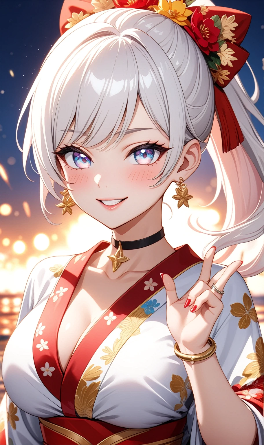 ((One personの女性)), Beautiful Face, ((Wink:1.8)), (waving at viewer), Laugh with your mouth wide open,((Bright red cheeks:1.4)),Shiny red lips,night,coastal,You can see the ocean, firework,Laughing with your mouth open,Glossy pink lips,Facial lighting,((Anime style background)),masterpiece, Highest quality, so beautiful,up to date, Complex details, (Pink long nails), (ring),(bracelet),(choker),AI-generated, Complex,High resolution, Highest quality, super high quality,3D Images、3D Images,One person,Long white hair,High Ponytail,(blue eyes),Anime woman posing for a photo, ((Fine grain、Silvery white colorful eyes、Shining Eyes:1.3)),(Squint your eyes:1.1),a hyperRealistic , hyperRealistic , Realistic,Anime woman with long white hair, Smooth anime CG art, A woman in a colorful kimono with gold embroidery, (Black long sleeve kimono),Red floral pattern,Long flower hair ornament,Earrings,Mature Body,(Big Breasts:1.1),Tall,Abdominal muscles,Narrow waist,(Zoom up to face:1.6),(front view),