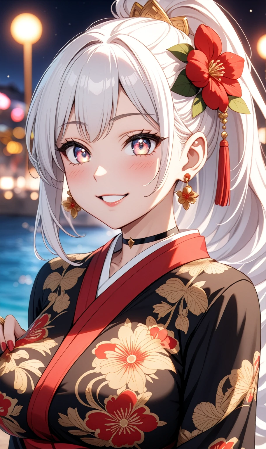 ((One personの女性)), Beautiful Face, ((Wink:1.8)), (waving at viewer), Laugh with your mouth wide open,((Bright red cheeks:1.4)),Shiny red lips,night,coastal,You can see the ocean, firework,Laughing with your mouth open,Glossy pink lips,Facial lighting,((Anime style background)),masterpiece, Highest quality, so beautiful,up to date, Complex details, (Pink long nails),  (ring),(bracelet),(choker),AI-generated, Complex,High resolution, Highest quality, super high quality,3D Images、3D Images,One person,Long white hair,High Ponytail,(blue eyes),Anime woman posing for a photo, ((Fine grain、Silvery white colorful eyes、Shining Eyes:1.3)),(Squint your eyes:1.1),a hyperRealistic , hyperRealistic , Realistic,Anime woman with long white hair, Smooth anime CG art, A woman in a colorful kimono with gold embroidery, (Black long sleeve kimono),Red floral pattern,Long flower hair ornament,Earrings,Mature Body,(Big Breasts:1.1),Tall,Abdominal muscles,Narrow waist,(Zoom up to face:1.6),(front view),