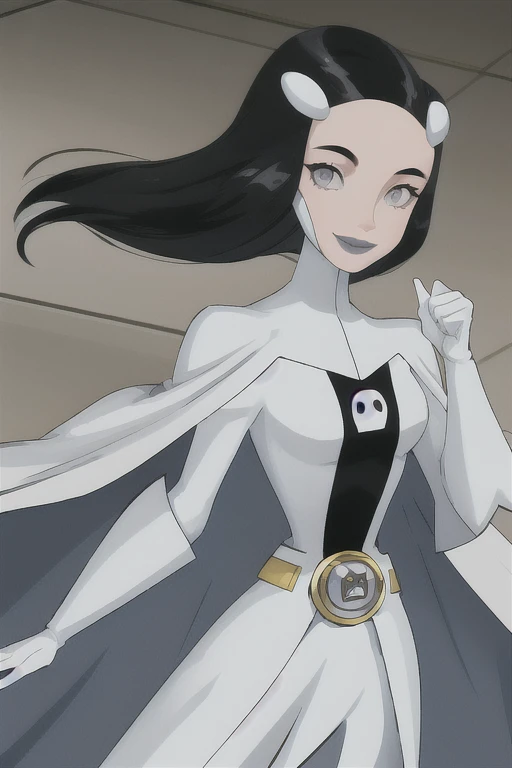 Phantom girl, Tinya Wazzo, solo, girl1, black hair, bodysuit. grey eyes, smile, grey lips, belt, white cape, white gloves, cape covering body, best quality, masterpiece, cowboy shot,