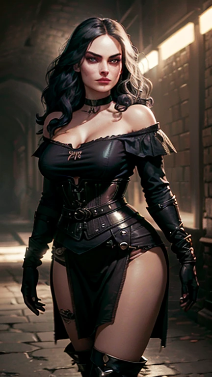 (Margot Robbie face), realistic face, Generate an illustration of a young (Yennefer of Vengerberg), of Witcher 3, correct head to body proportion, hair combed to sides, layered haircut, de terno preto, black long hair flows to her back, hair flows straight down, black hair, Ultrarealistic Bright Violet eyes, both eyes are similar, (big round poking breasts), low-cut deep cleavage, Ultrarealistic juicy round butt, Ultrarealistic detailed hips, thick thighs, black Corset outfit in anime format with a serious style, ((black strapless dress)), Ruby black velvet choker, grey tights, black boots, gothic make up, masterpiece, ((dark lighting)), black background, puffy lips,slendered toned abs, beautiful face, grin on face 