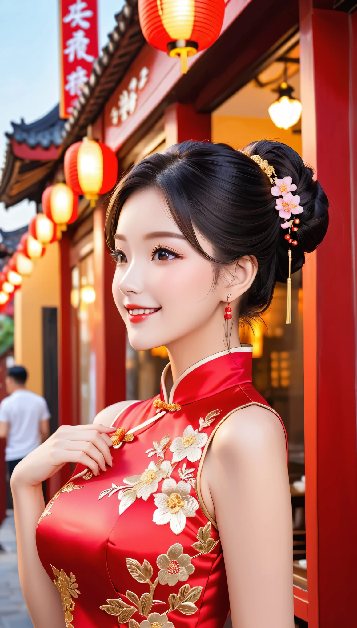 A beautiful woman, city,(Red silk cheongsam), (flower chignon), (gold embroidery thread), (slik), outdoor chinese restaurant, open mouth smile, ((black hair)), little blush, side, (breast), Reflecting the buttocks
