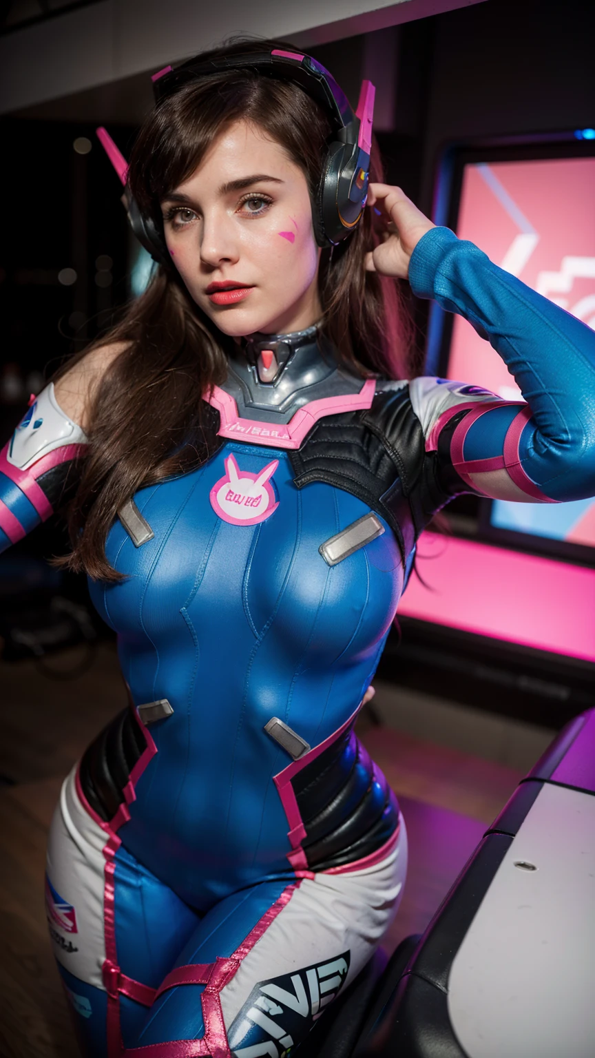 (masterpiece), (photorealistic1.4), (best quality), (European Model), (epiCRealLife:1.0), (Young Woman), (photorealistic), (red lipstick), (JenniferConnelly90s), (d.va_v1 bodysuit),, (hair bangs), (d.va_v headphones), (face paint), (d.va_v1 hairstyle), (d.va_v1overwatch costume), (bodysuit), (gloves), (d.va_v facial mark), (spotlight), (ample light), (pose for pictures), (in a spacecraft), (night time), (at night), (flash photography), (flashphoto), ( whisker markings, shoulder pads, blue bodysuit, ribbed bodysuit, animal print,)