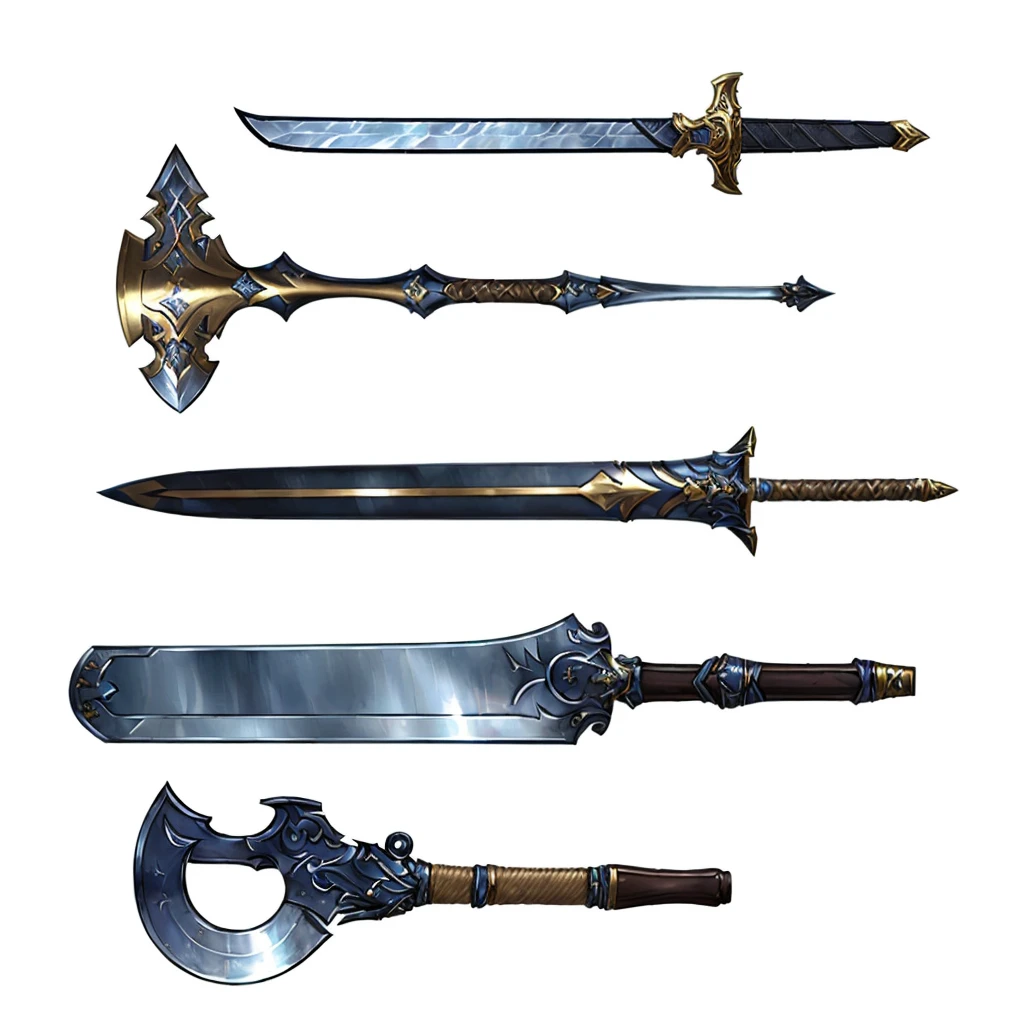 arafed image of a set of four different types of sword, Fantasy RPG Weapon Art, weapons concept art, weaponsコンセプトデザイン, Weapon concept art, Weapon Design, weapons, Lots of weapons, Epic fantasy weapon art, RPG Game Items, multiple floating sword, Hearthstone weapon art, many sword, War blade weapon, makeshift weapons, weapons and armors, sword