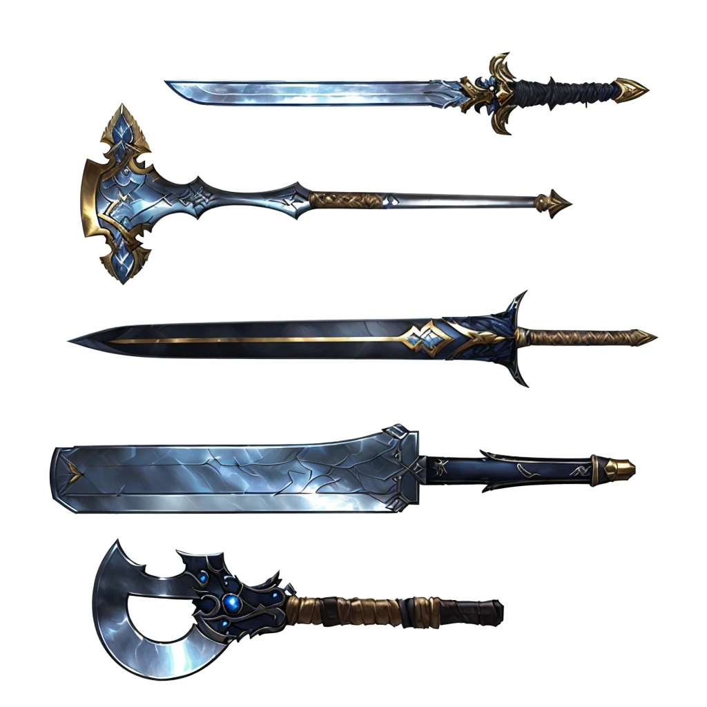 arafed image of a set of four different types of sword, Fantasy RPG Weapon Art, weapons concept art, weaponsコンセプトデザイン, Weapon concept art, Weapon Design, weapons, Lots of weapons, Epic fantasy weapon art, RPG Game Items, multiple floating sword, Hearthstone weapon art, many sword, War blade weapon, makeshift weapons, weapons and armors, sword