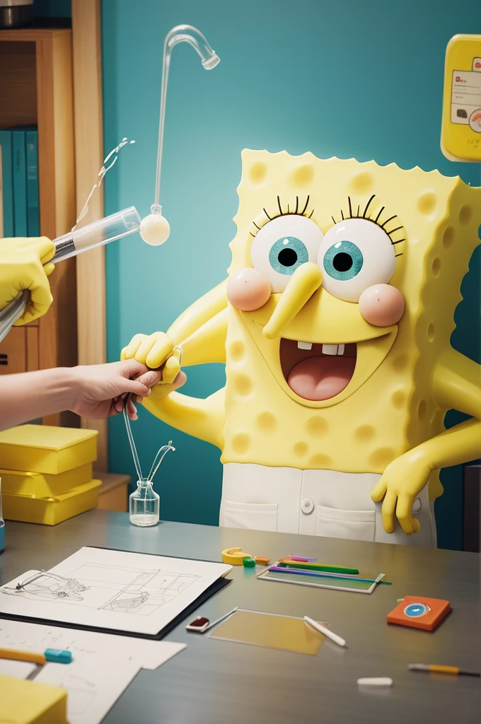 Spongebob wearing a lab coat doing experiments drawing