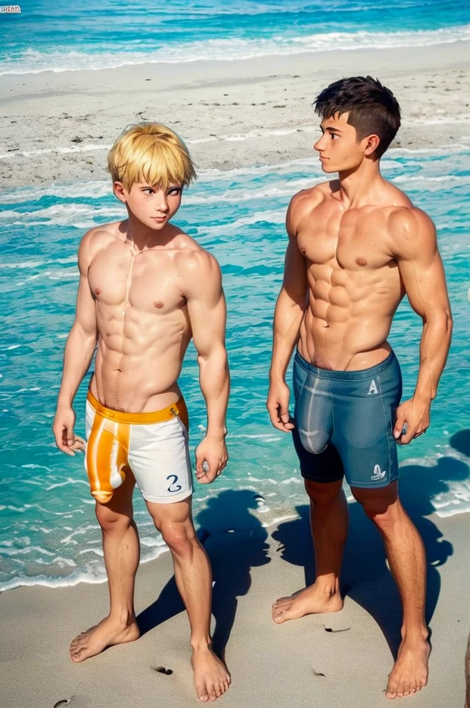 boys tanning, relaxed on beach,((big penis)), 12_inches_long_penis,large penis,big balls, boyish, cute, short, blonde hair, sun glow, back view, low angle