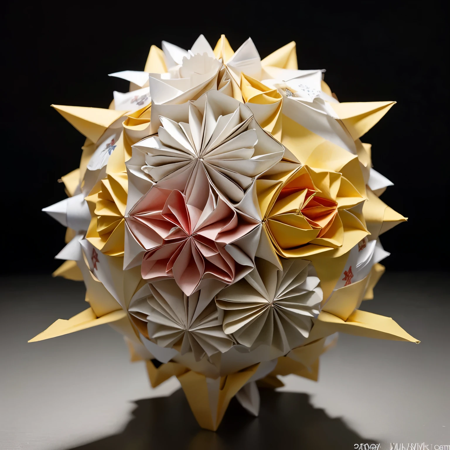 there is a ball of folded paper with a red and yellow star, modular origami, Сделано Made of paper, Made of paper, inspired Kagaku Murakami, paper origami, Paper art, Kagaku Murakami, origami, искусство лепки Made of paper, from Slava Rashkai, inspired by Yasushi Sugiyama, inspired by Nagasawa Rosetsu