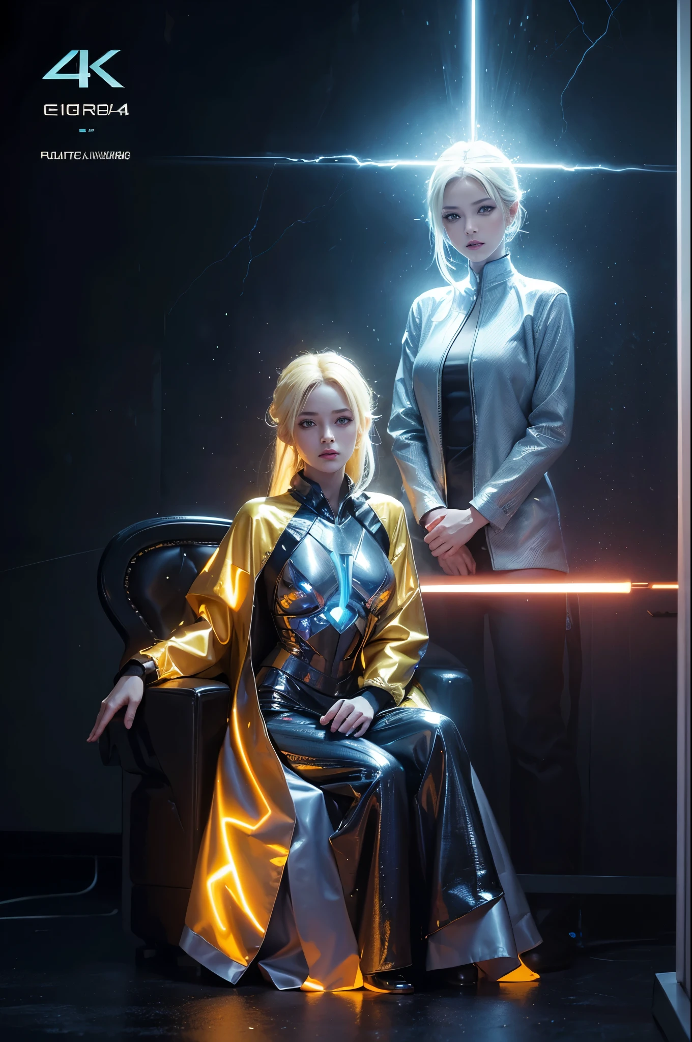 A beautiful young girl with yellow hair, a tight lightning-themed suit, and small breasts, wielding alien thunder weapons in a thunderstorm backdrop, (best quality,4k,8k,highres,masterpiece:1.2),ultra-detailed,(realistic,photorealistic,photo-realistic:1.37),extremely detailed eyes and face,beautiful detailed lips,longeyelashes,lightning effects,dynamic pose,dramatic lighting,vibrant colors,sci-fi,concept art