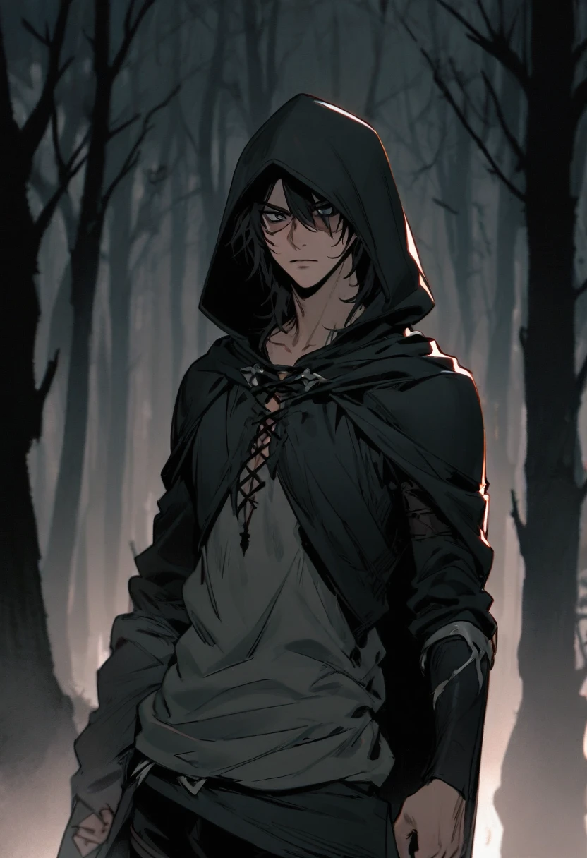 young man ,Male Dark, dark Woods,Red & Black colors, gray eye, rogue dnd, wear cape, hood, have scar