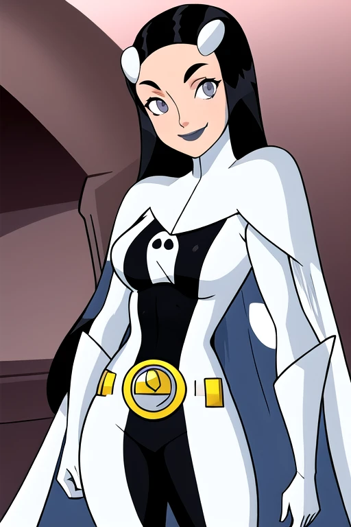 Phantom girl, Tinya Wazzo, solo, girl1, black hair, bodysuit. grey eyes, smile, grey lips, belt, white cape, white gloves, cape covering body, best quality, masterpiece, cowboy shot,