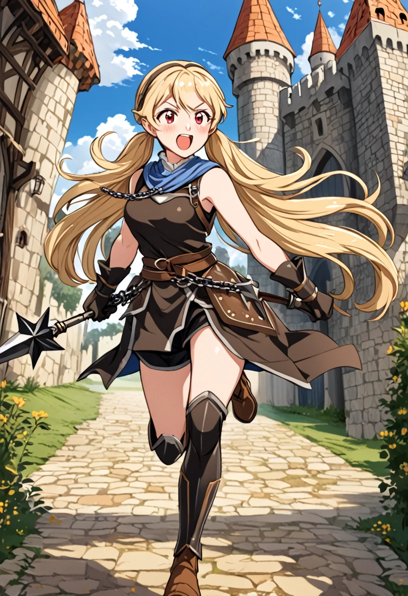 artwork, best qualityer, 2d anime style, White girl, Twin Tails Hair, long hair, blonde, blush cheeks, blue colored eyes, Black short jumpsuit, brown details, sleeveless, elbow gloves, waist belt, excited expression, sturdy body, medieval theme, RPG, fundo do castelo, holding a spiked star mace attached to a chain, In Motion. fully body, conceptual artwork, big brown boots
