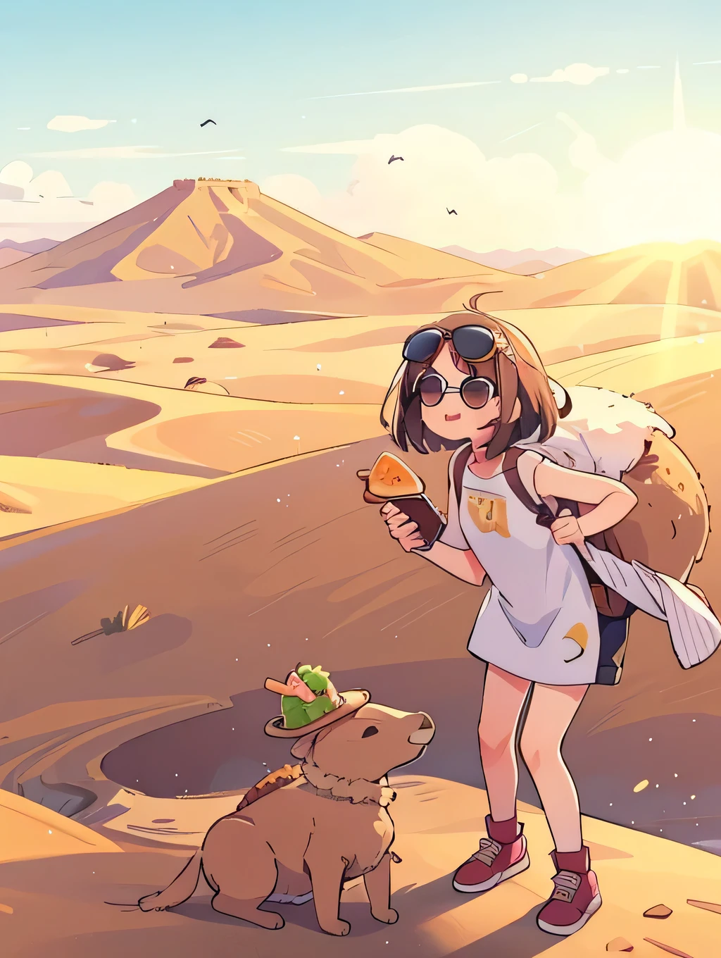 A girl wearing sunglasses holds food in both hands，，Take a photo facing the camera next to the camel，The background is the Desert Tourism Center，