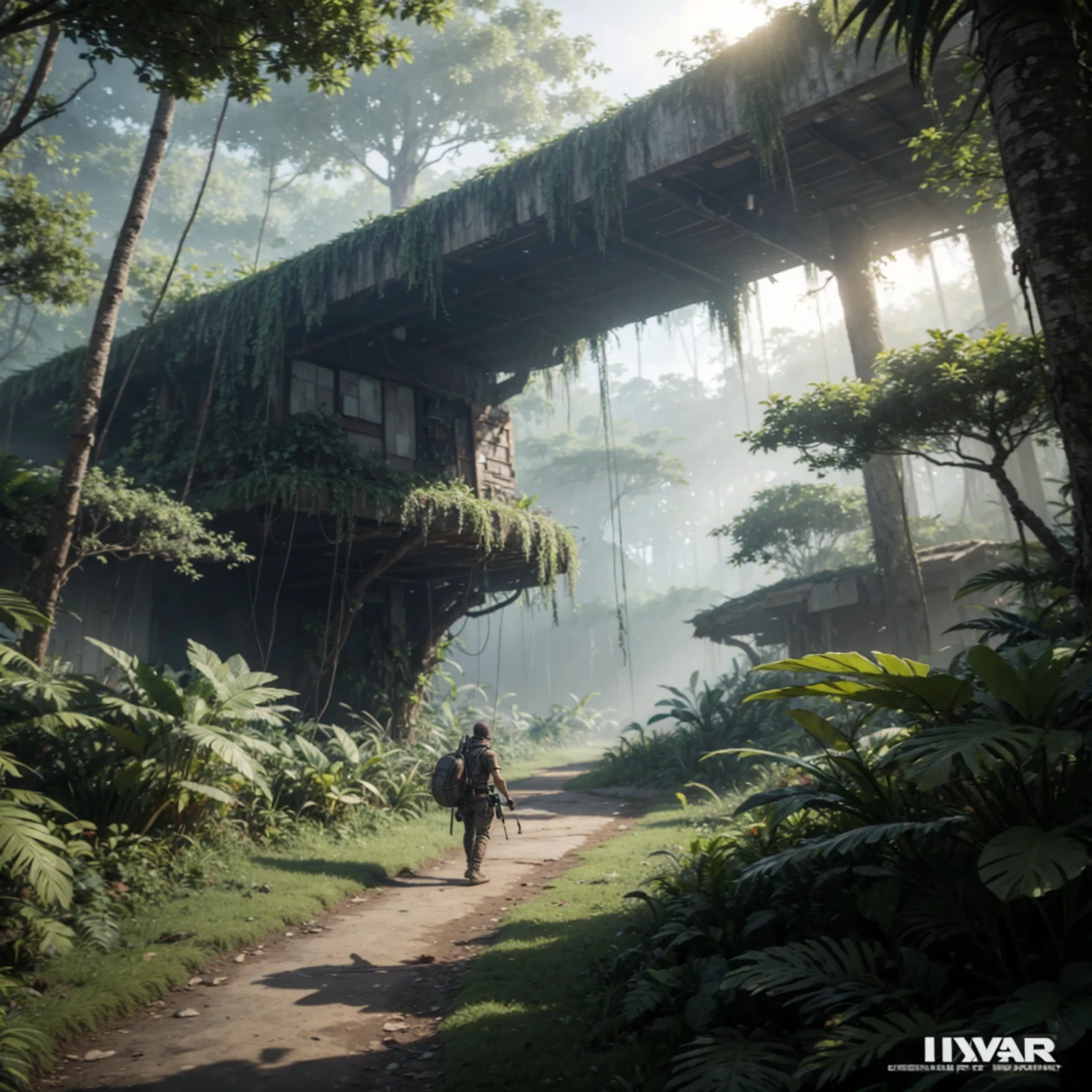 create a game cover about survival in a mysterious jungle in landscape size