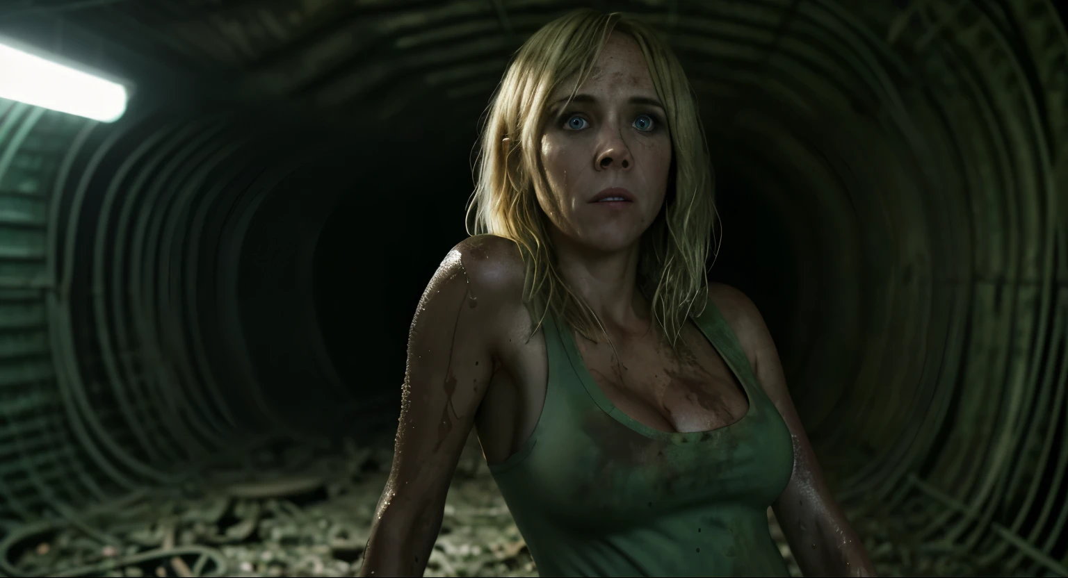 Blonde terrified cleavage Kristen Wiig wearing a jungle-green shirt and tank top n creepy blue lighting in abandoned sci fi lab tunnel, muddy ground, nighttime, clear white skin, wet and muddy, scratches everywhere, face dirty photography, natural light, photorealism, cinematic rendering, ray tracing, the highest quality, the highest detail, Cinematic, Third-Person View, Blur Effect, Long Exposure, 8K, Ultra-HD, Natural Lighting, Moody Lighting, Cinematic Lighting Hide