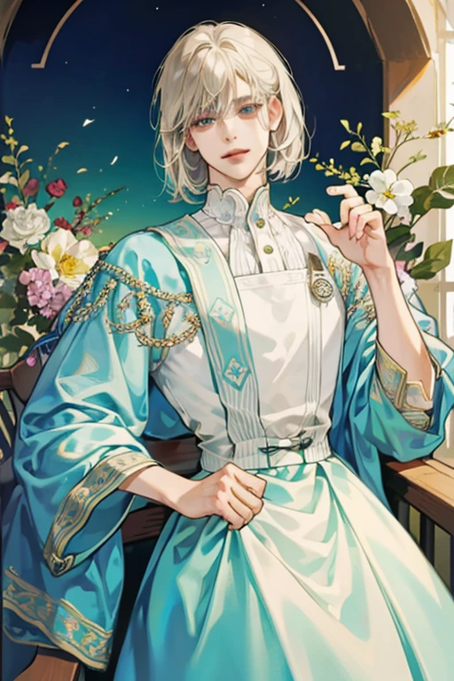 ((Highest quality)), ((masterpiece)), (detailed), Aurora,Bob hair man,A nihilistic smile,Young and handsome men,Medium length hair
