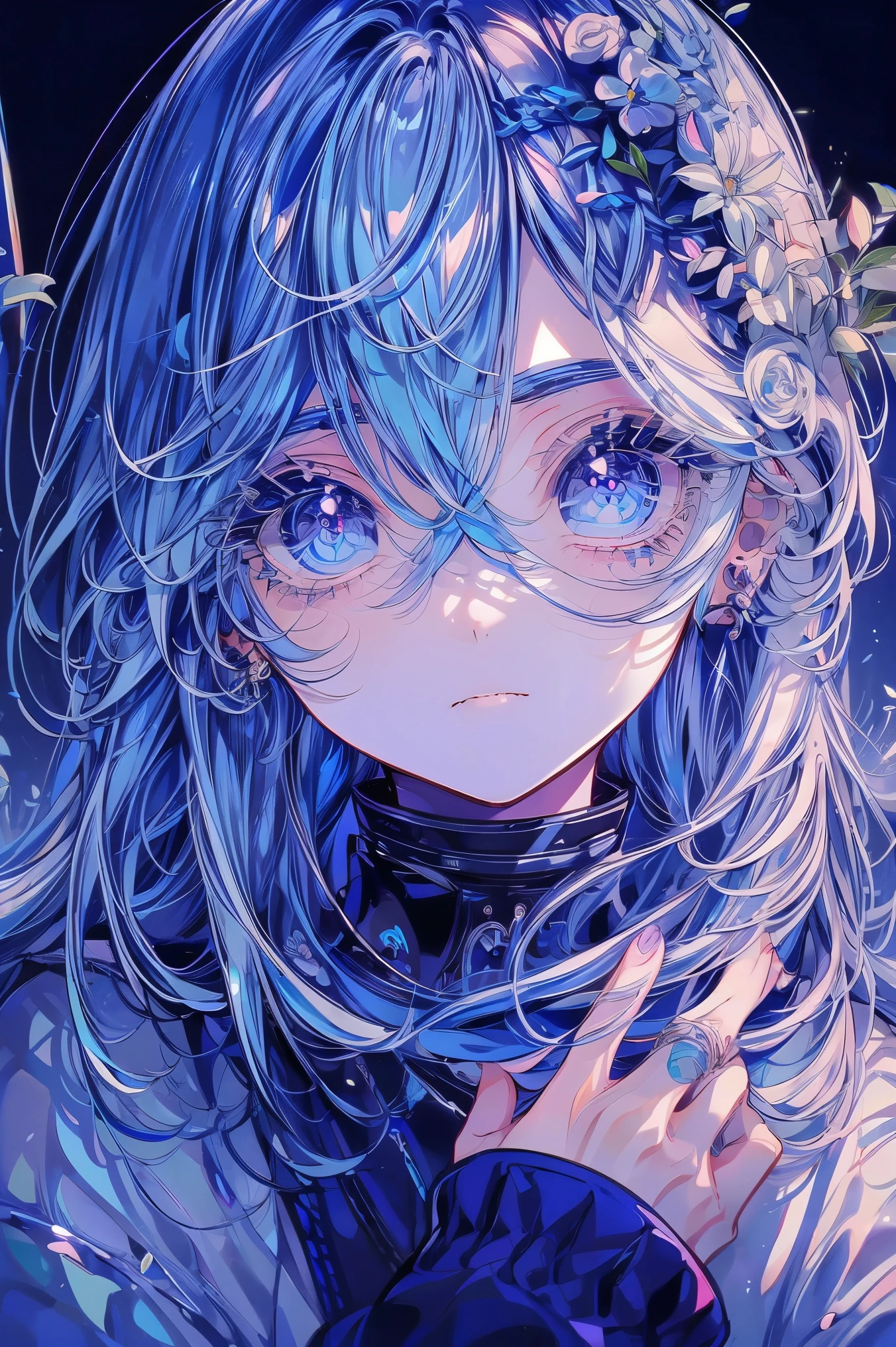 (Mastepiece), (Best Quality), Very detailed, 1 boy, Solo Shooting, Perfect Face, Beautiful Face, Very detailed顔,(Light blue hair:1.3),(Big eyes:1.4),(Long eyelashes:1.4)、(Light blue eyes:1.3)、Lots of flowers
