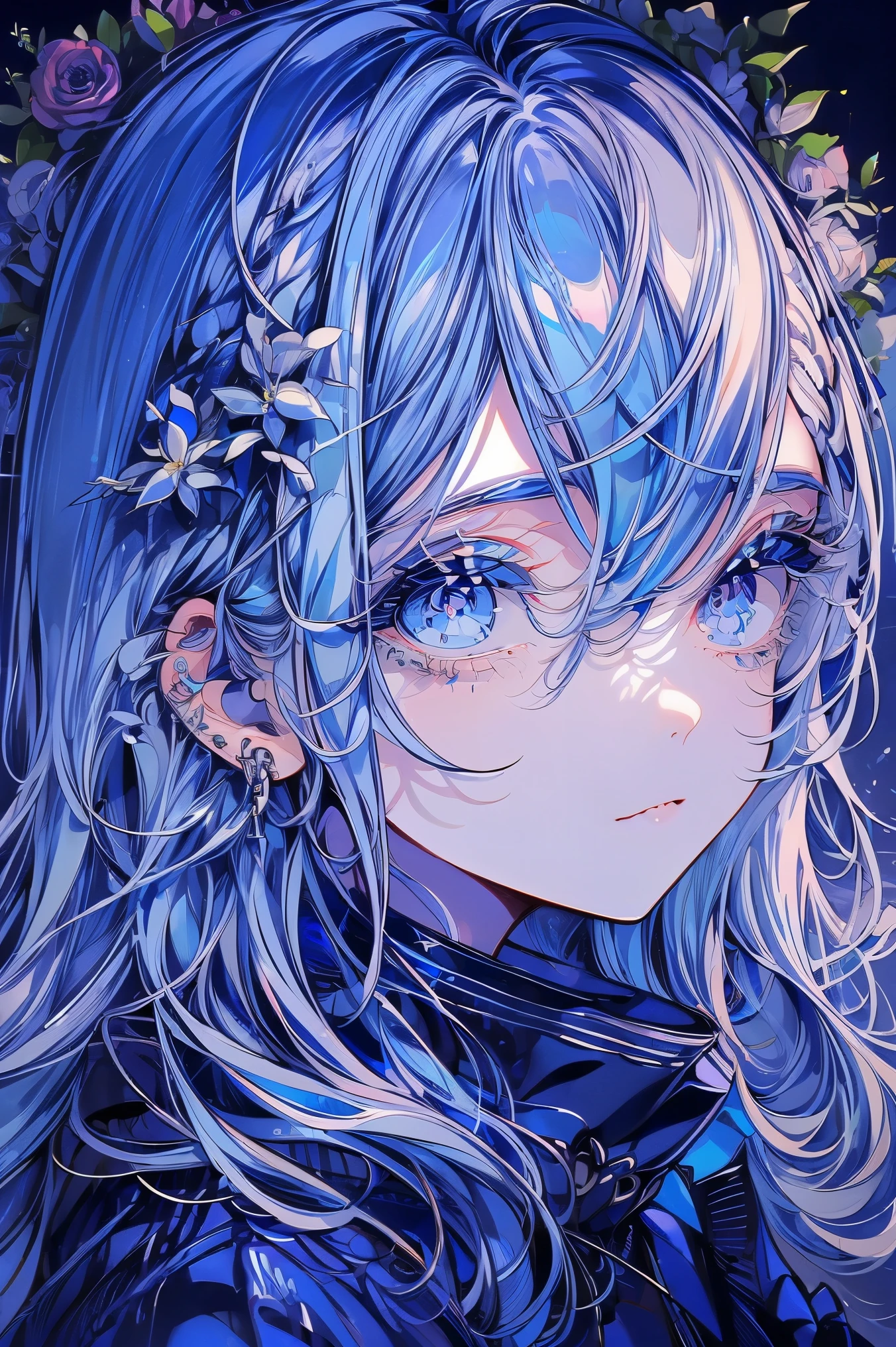 (Mastepiece), (Best Quality), Very detailed, 1 boy, Solo Shooting, Perfect Face, Beautiful Face, Very detailed顔，(Light blue hair:1.3)，(Big eyes:1.4)，(Long eyelashes:1.4)、(Light blue eyes:1.3)、Lots of flowers