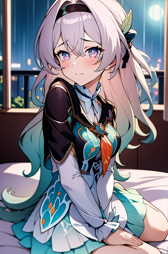 (masterpiece, best quality:1.2), 1 girl,solo,Blue-pink gradient pupils,Brown and light teal,silver long hair,White,sit,Look at the audience,(((rain)))(((soaking wet)))(((bunch of flowers)))shed tears,tears, in bed room