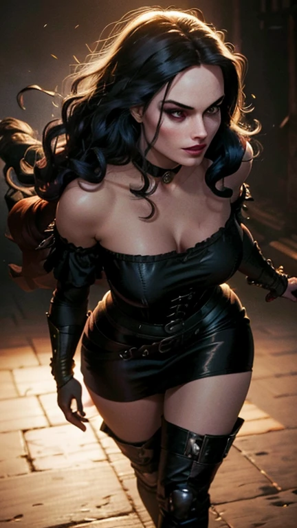 (Margot Robbie face), realistic face, Generate an illustration of a young (Yennefer of Vengerberg), of Witcher 3, correct head to body proportion, hair combed to sides, layered haircut, de terno preto, black long hair flows to her back, hair flows straight down, black hair, Ultrarealistic Bright Violet eyes, both eyes are similar, (big round poking breasts), low-cut deep cleavage, Ultrarealistic juicy round butt, Ultrarealistic detailed hips, thick thighs, black Corset outfit in anime format with a serious style, ((black strapless dress)), Ruby black velvet choker, grey tights, black boots, gothic make up, masterpiece, ((dark lighting)), black background, puffy lips,slendered toned abs, beautiful face, grin on face 