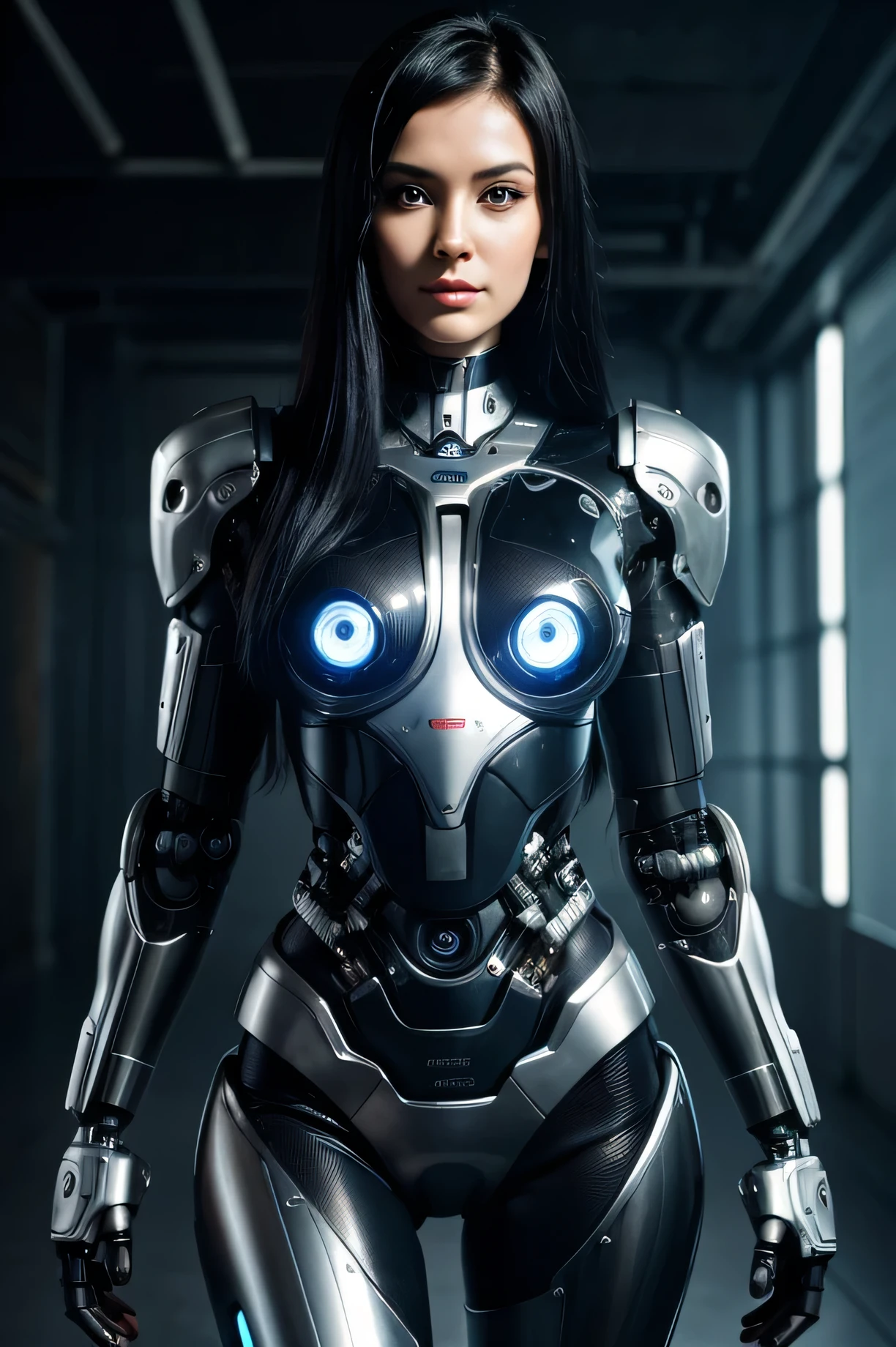 Women, black fur, with robotic body parts, tipo cyborg, looking to the camera, Fancy, High Definition, warm image