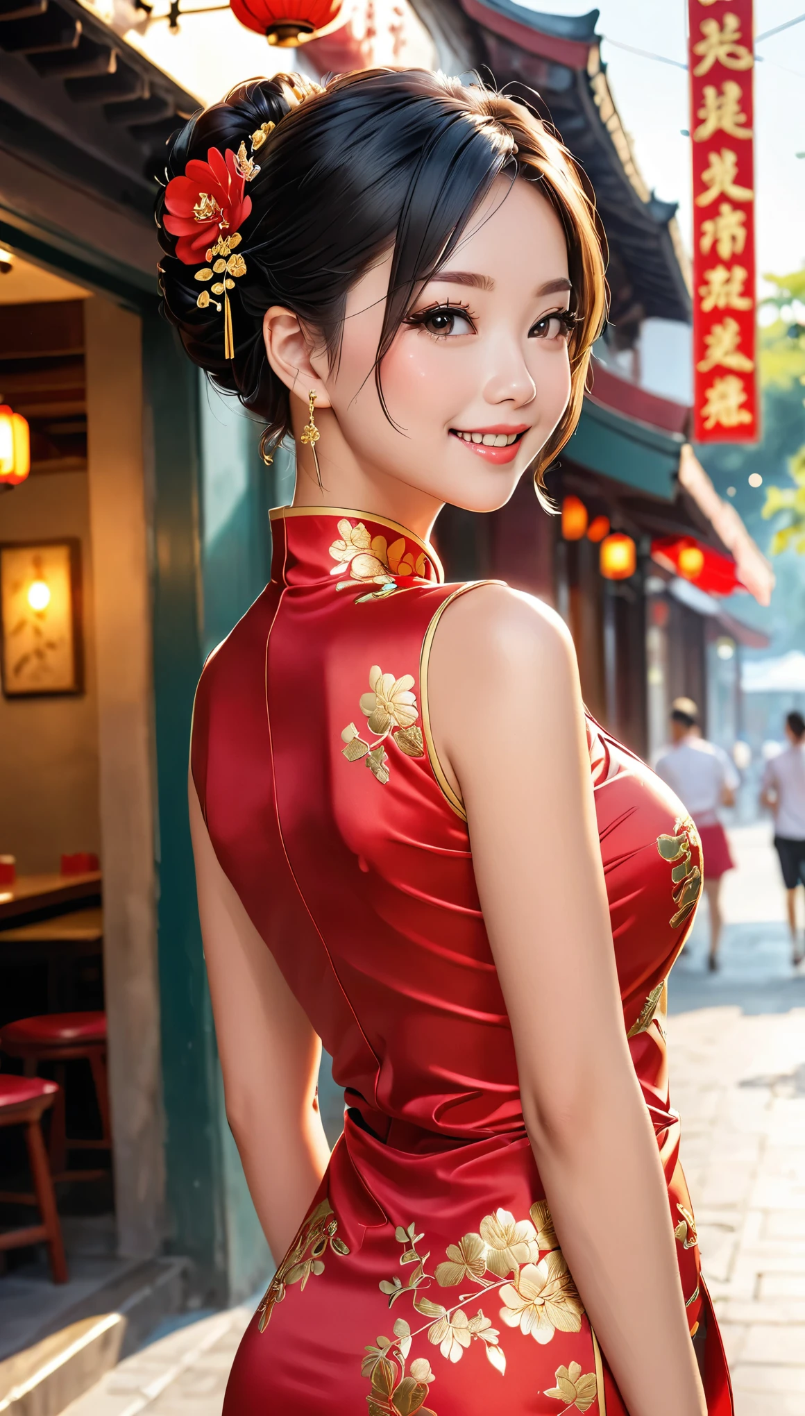 A beautiful woman, city,(Red silk cheongsam), (flower chignon), (gold embroidery thread), (slik), outdoor chinese restaurant, open mouth smile, ((black hair)), little blush, side, (breast), Reflecting the buttocks