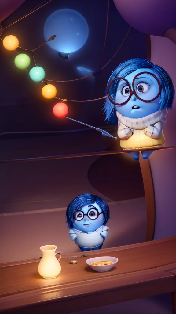 work of art, best qualityer, (suru_InsideOut , high branch throat, black frame glasses, cups, suru ), colorful glowing spheres, pixar, animated cartoon, 3D rendering, sfw,