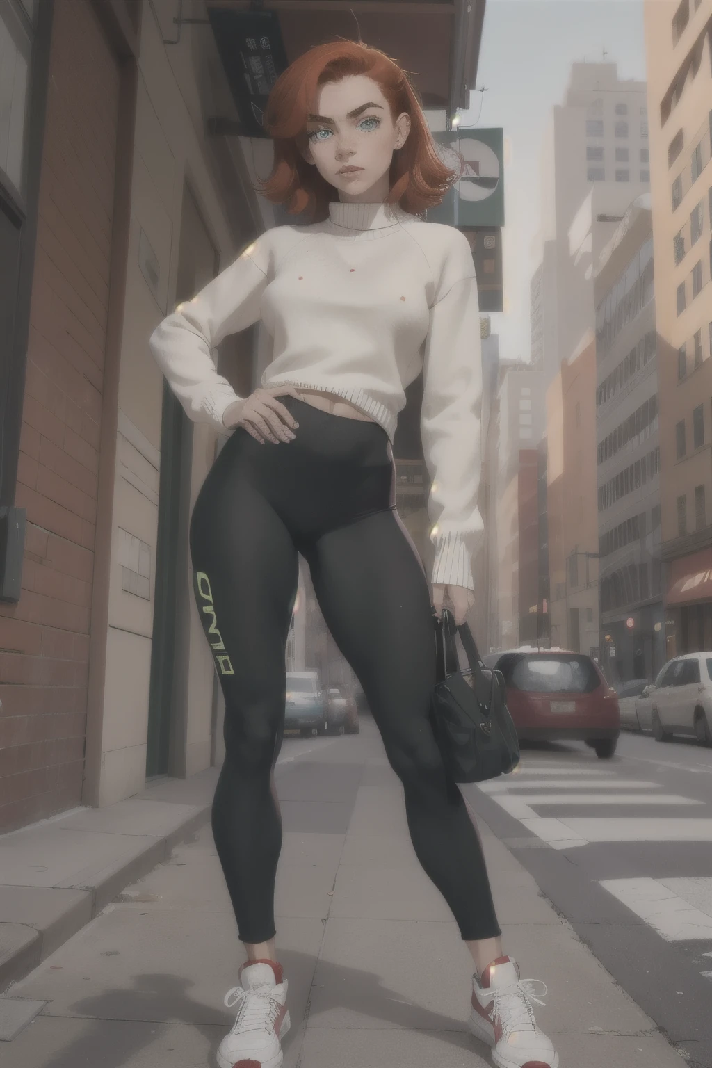 One , 1,63 metros de altura, lean physique, medium breasts, defined waist, straight red hair, green eyes, striking and with long eyelashes, fair skin with freckles, medium mouth. Vestindo One calça cargo preta e levemente larga, a white sweater and sneakers on her feet.