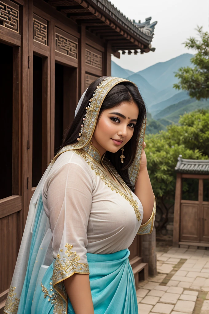 1 Heavenly beautiful and goddess beauty cute and sweet looking face Arabian female in front of Hongcun Ancient Village – Huangshan, China, Heavenly beautiful Overweight, Heavenly beautiful Extremely fat, Heavenly beautiful and attractive Chubby figure , Heavenly beautiful looking and eye catching luxury style Patola Sarees , reaching out, Heavenly beautiful Arabian woman, 16k, High resolution, masterpiece, highest quality, fine skin, outside view, Realistic Photograph, close up face view