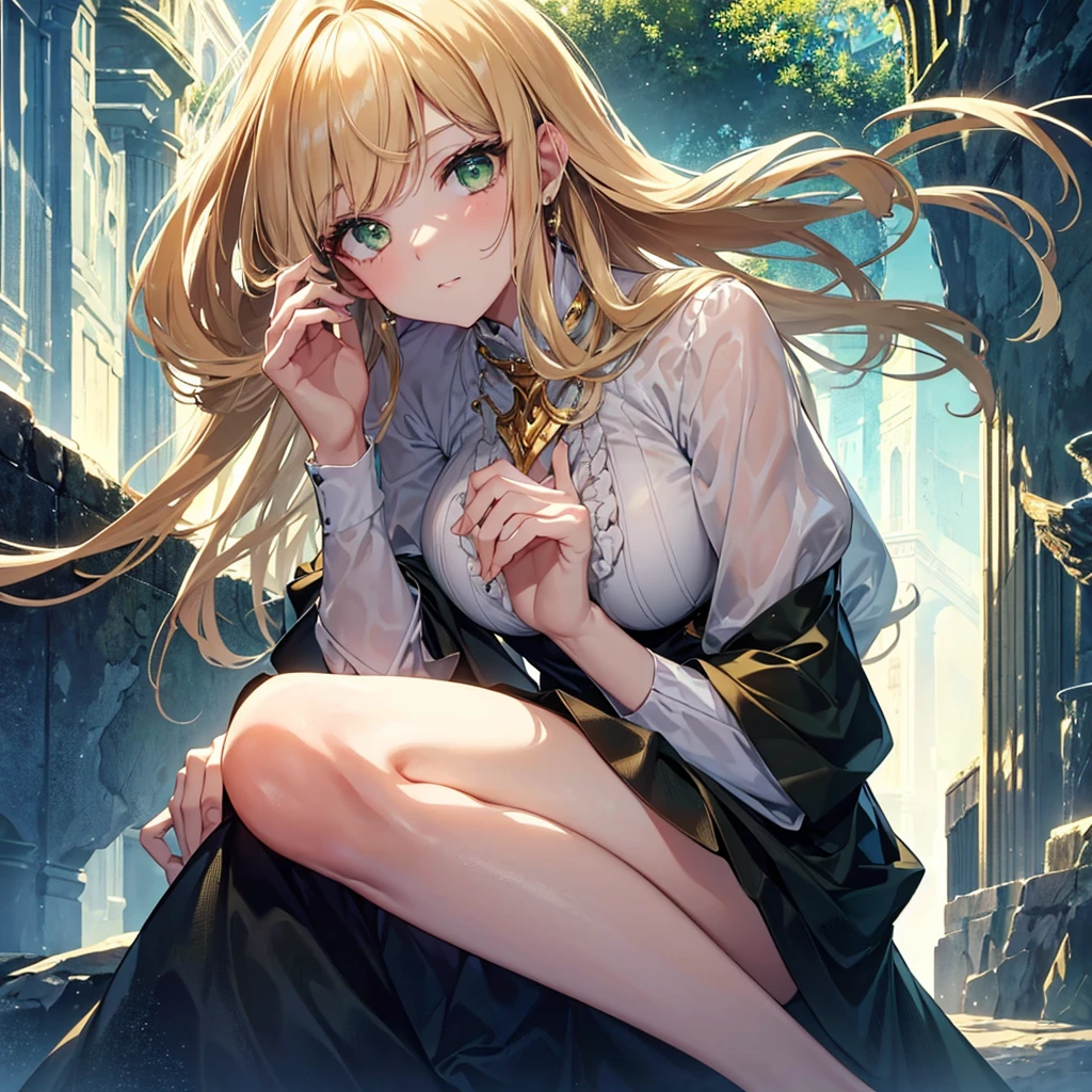 1 very tall woman. Soft, kind, doting motherly woman. Light-tan hair. Green eyes. Blouse. Skirt. Soft and kind expression. Loving. ((Best quality)) ((High def)) hand on her chin. Thinker pose. looking at you.