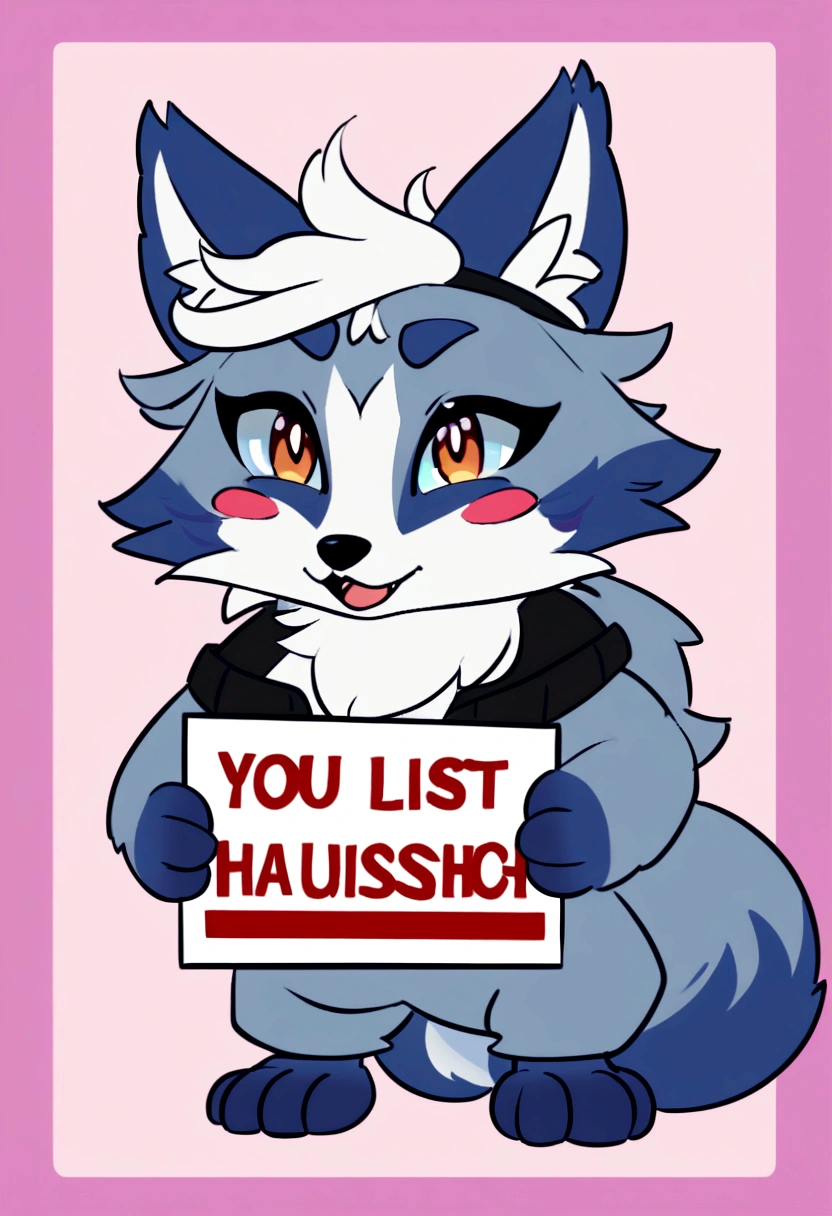 a close-up of a cartoon dog holding a sign that says “You list haussches”, fursona!!!!, pelzige Fursona, Twitch-Streamer / gamer ludwig, Fursuit!!!!, fursona art, wolf fursona, Furry-Fandom, fursona, Don!!! bloody!!!, fluffy!!!, inspired by Bernd Fasching, Fursona commission, plushie, Fursuit, ahhhhhh