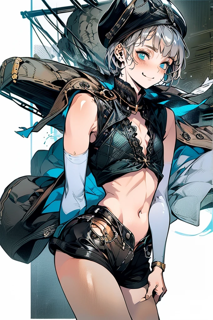 (masterpiece, very high quality, perfect anatomy) medieval world, 1 man, young, slender, small, thick thighs short silver hair, bangs, sea green eyes (black pirate hat, black vest, short leather shorts) exposed belly, on a pirate ship, slutty smile, flushed face, excited expression