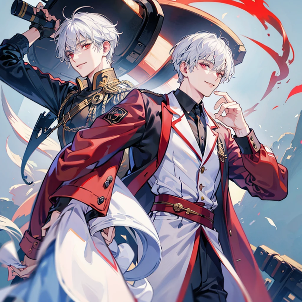A solo cat boy, with white hair, red eyes, smile, photo pose, casual clothes, wearing jacket