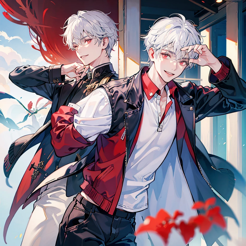 A solo cat boy, with white hair, red eyes, smile, photo pose, casual clothes, wearing jacket