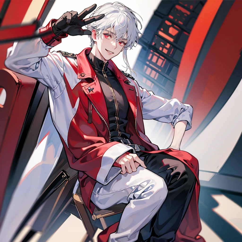 A solo cat boy, with white hair, red eyes, smile, photo pose, casual clothes, wearing jacket