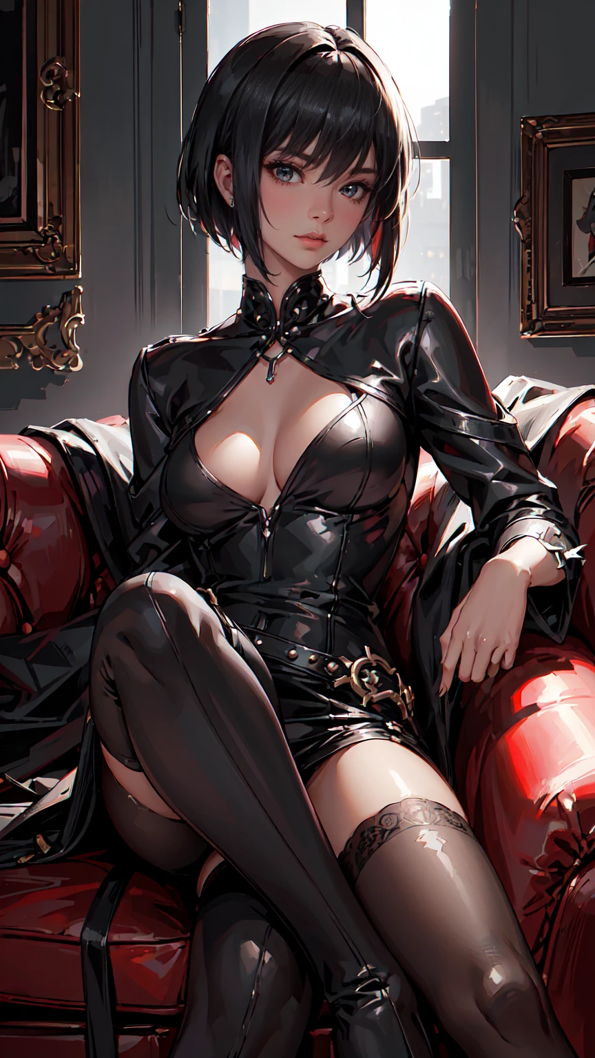 (Masterpiece, Best Quality, Ultra High Resolution , Digital Art,Beautiful and Aesthetic ) . ( One Fashionable adult girl with a short oblique bob, slender figure, expressive and dominating look ) in modern men's suit in youth style , matte black color , lovely thin white but long tie , (silk thick threads of red color connect the necklines on the sides of the whole suit) , . The character sits on a large massive sofa with lots of leather and metal patterns on it in vintage style , an interesting and atmospheric pose that characterizes the character ,(Photorealistic style combined 2.5D . Realistic picture , realistic anatomy , beautiful perspective . Best image quality , depth , pastel color , Natural shading , focus on the face , Big Hair ( black with red gelding ) , well detailed eyes , detailed background in modern boudoir style . ) 