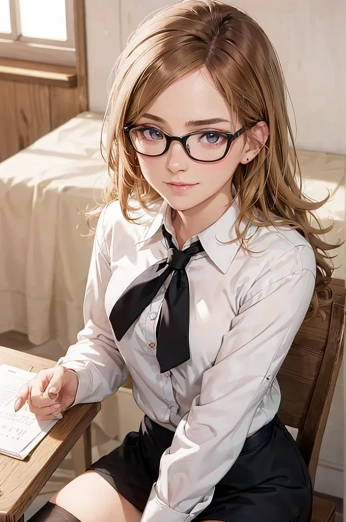 Masterpiece, 最high quality, high quality, High resolution, high quality texture, high quality shadows, High resolution, Beautiful details, Detailed CG, Detailed Texture, Realistic representation of face, Realistic, colorful, delicate, Cinematic Light, Side light, Lens flare, Ray Tracing, sharp concentrated, (1 Girl,concentrated:1.3), ( Intricate details, compensate, PureErosFaceV1:0.5), (細部まで美しいdelicateな顔, 緻密で美しいdelicateな瞳, Perfect Facial Proportions, Dense skin, Optimal ratio of four fingers to one thumb,Unified 8k wallpaper, Arms under chest, Modest chest, Wide Hips, Smooth upper abdomen, 35 years old, blue eyes, glasses, air fortress hair, blonde hair, house wife, the gaze of true love, lips of temptation, A look full of compassion ,a smile full of love, i love you, Acting lovey-dovey, I love you so much I'm crazy,
cabin attendant uniform,white blouse,tight fitting black skirt,black stockings, excellent secretary ,working as a secretary, wooden desk, wooden chair