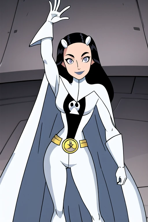 Phantom girl, Tinya Wazzo, solo, girl1, black hair, bodysuit. grey eyes, smile, legs, grey lips, belt, white cape, white gloves, cape covering body, best quality, masterpiece, cowboy shot,