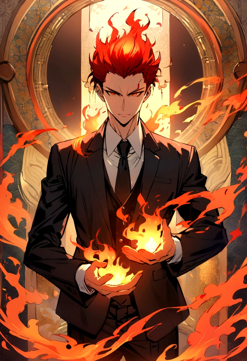 (best quality), oriental detailed background, one man wearing a black suit has flame power, the man become one with flame