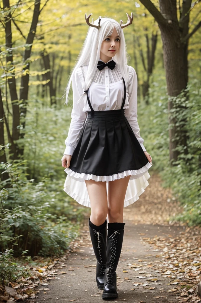 1girl, white hair, long hair, white blouse, antlers, black skirt, long skirt, frilly skirt, suspender skirt, black boots